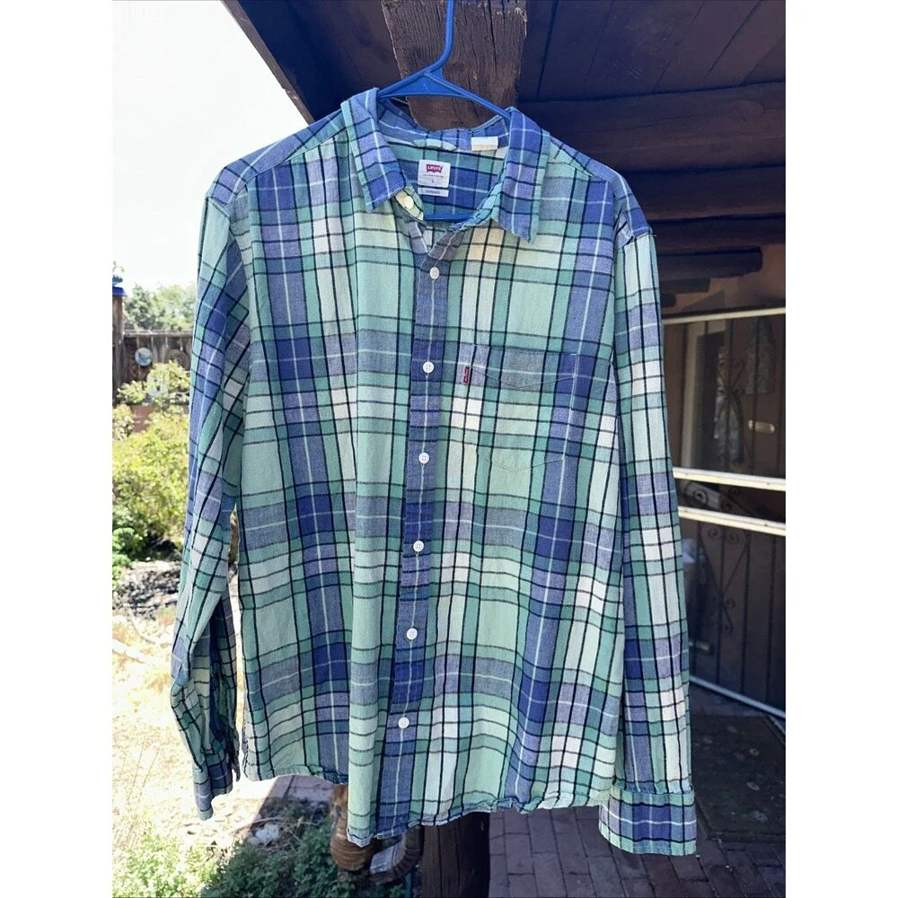 Men’s Levi’s L Button Up Shirt Blue Plaid Cotton Summer Standard San Francisco